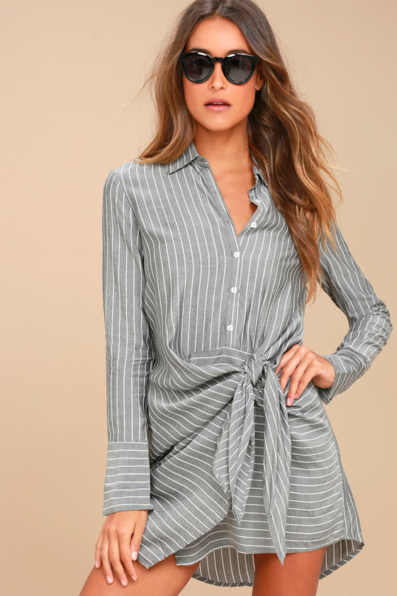 Cute Shirt Dress Knotted Dress Long Sleeve Dress Lulus