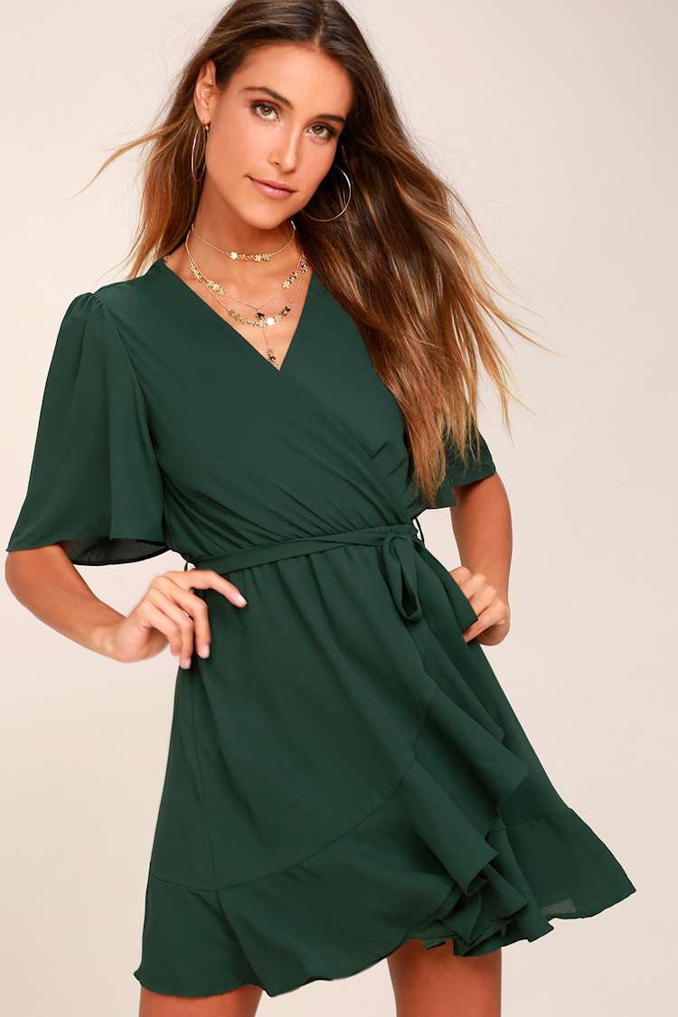 green wrap dress short Wrap Dress for Women V-Neck Waist Tie Ruffle Short Sleeve Dresses Winter Solid Color Slim Swing Casual Mini Dress