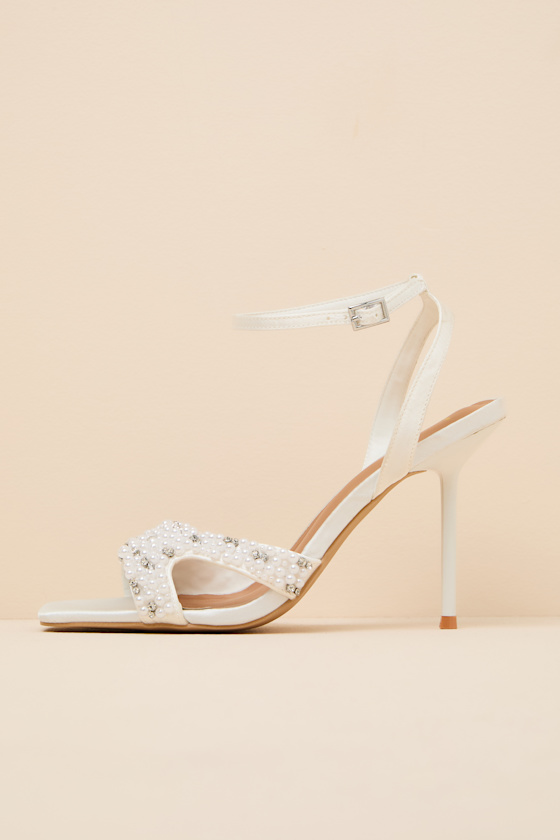 Jenni White Satin Beaded Ankle Strap High Heel Sandals 2