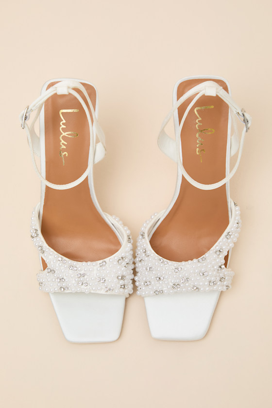 Jenni White Satin Beaded Ankle Strap High Heel Sandals - thumbnail 5