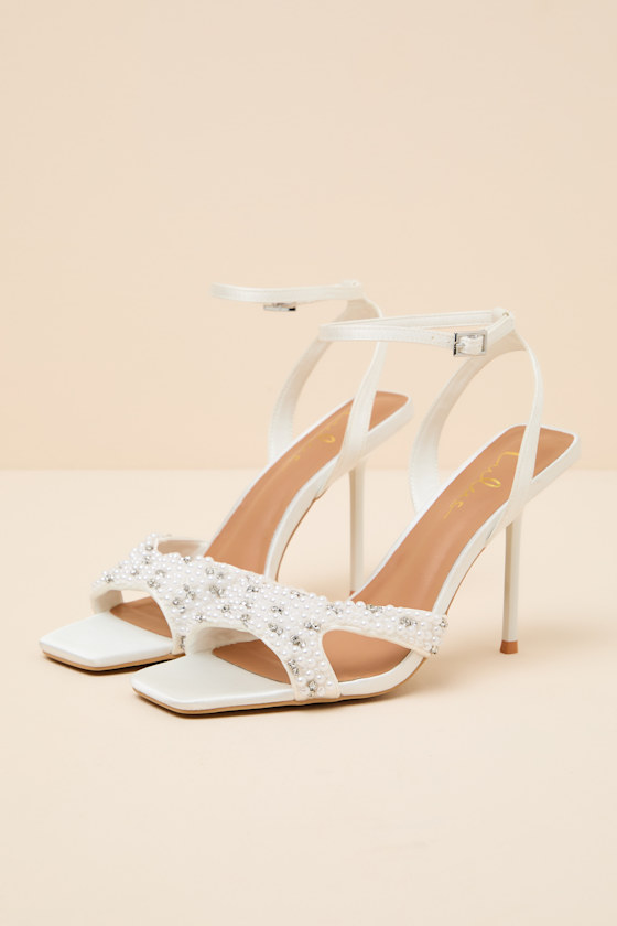 Jenni White Satin Beaded Ankle Strap High Heel Sandals - thumbnail 6