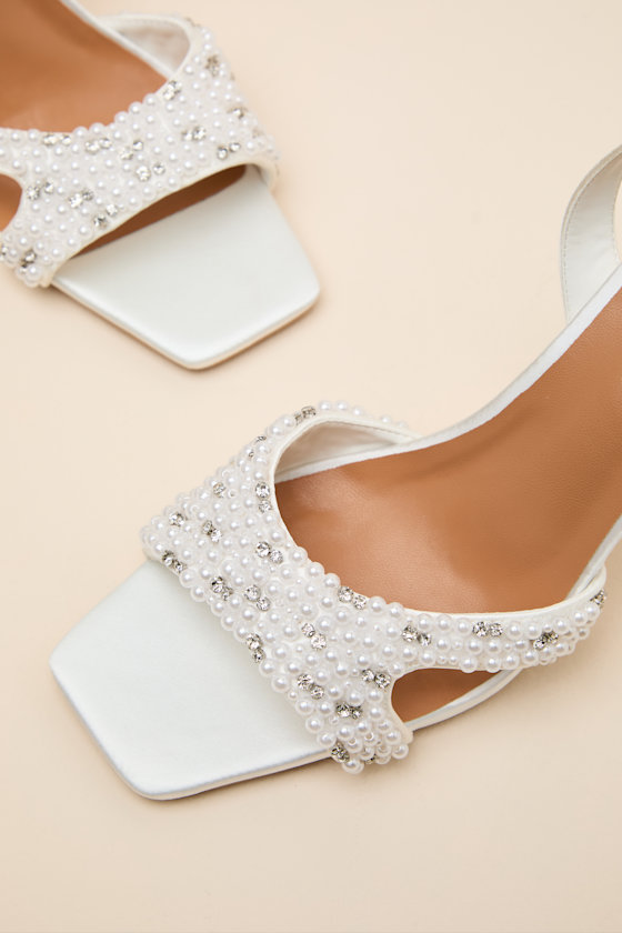 Jenni White Satin Beaded Ankle Strap High Heel Sandals 7