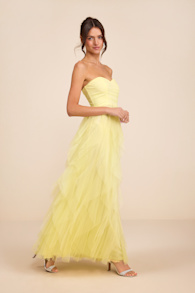 Delightful Beauty Yellow Strapless Ruched Ruffled Maxi Dress 1