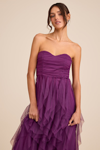 Delightful Beauty Plum Mesh Strapless Ruched Ruffled Maxi Dress 1