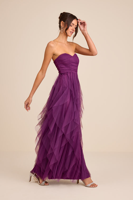 Delightful Beauty Plum Mesh Strapless Ruched Ruffled Maxi Dress 2