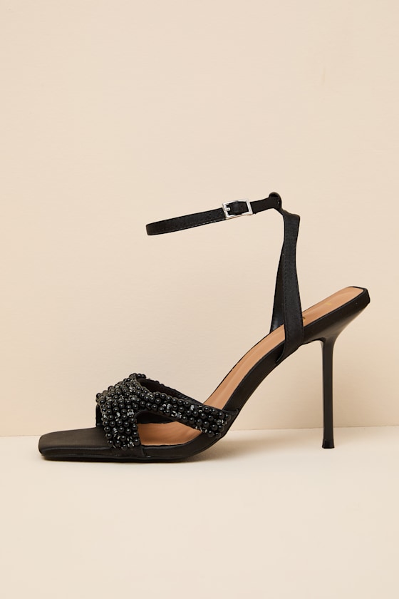 Jenni Black Satin Beaded Ankle Strap High Heel Sandals 2