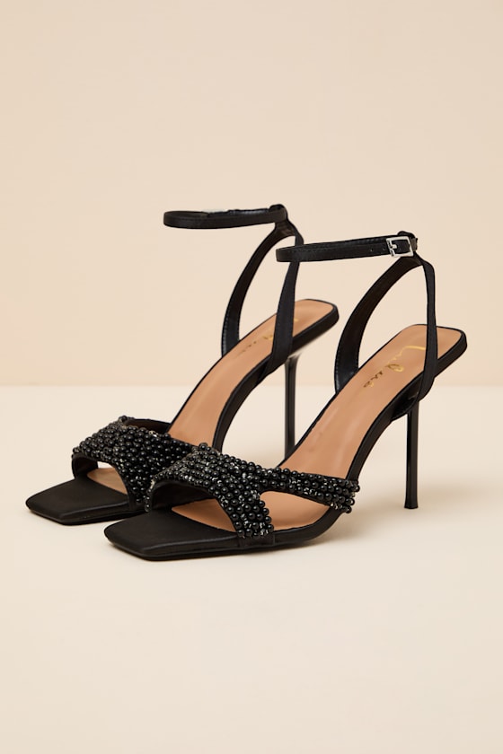 Jenni Black Satin Beaded Ankle Strap High Heel Sandals - thumbnail 6