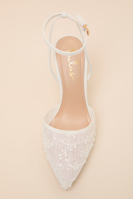 Selma White Embroidered Pointed-Toe Ankle Strap Pumps - thumbnail 4