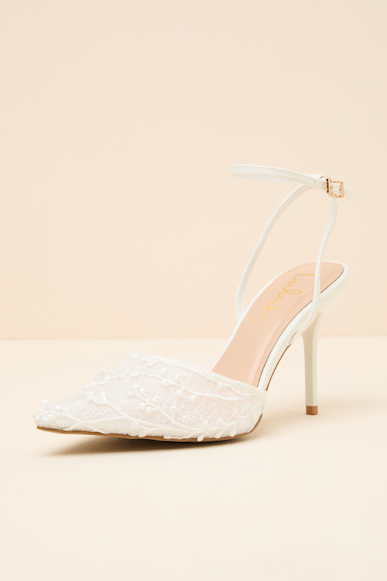 Selma White Embroidered Pointed-Toe Ankle Strap Pumps - thumbnail 5