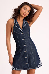 Rani Dark Wash Denim Embroidered Halter Mini Dress 1
