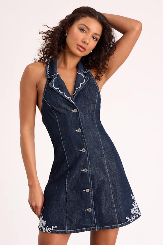 Rani Dark Wash Denim Embroidered Halter Mini Dress 1