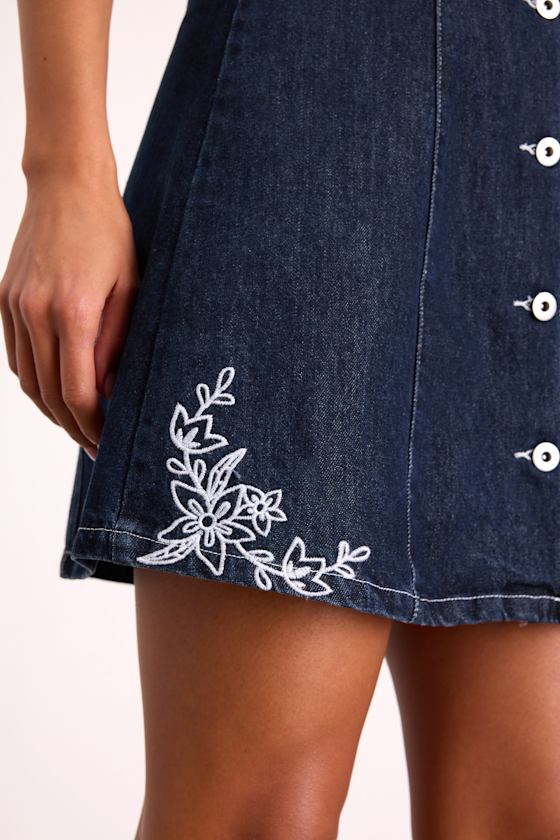 Rani Dark Wash Denim Embroidered Halter Mini Dress 2