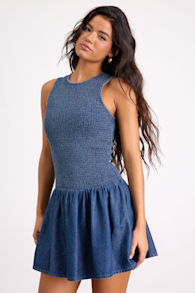 Aisha Medium Wash Denim Smocked Mini Dress 1
