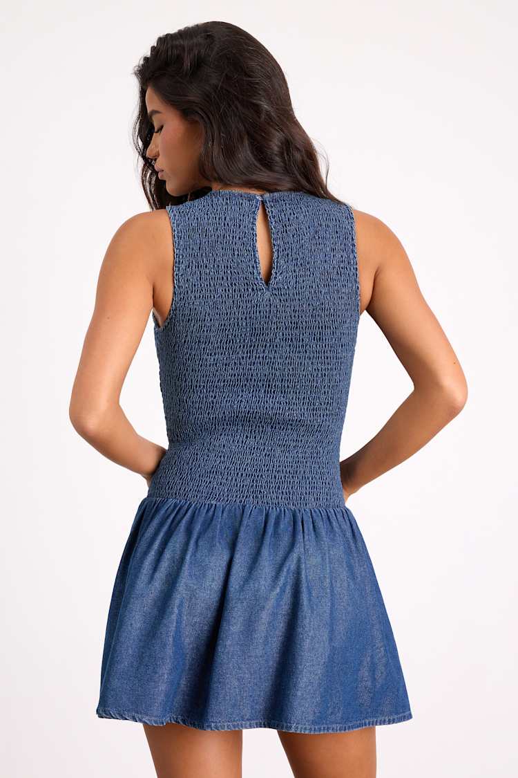 Medium Wash Denim Dress - Smocked Mini Dress - Skater Mini Dress - Lulus Medium Wash Denim Dress - Smocked Mini Dress - Skater Mini Dress - Lulus