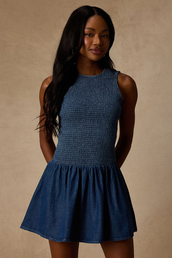 Aisha Medium Wash Denim Smocked Mini Dress 2
