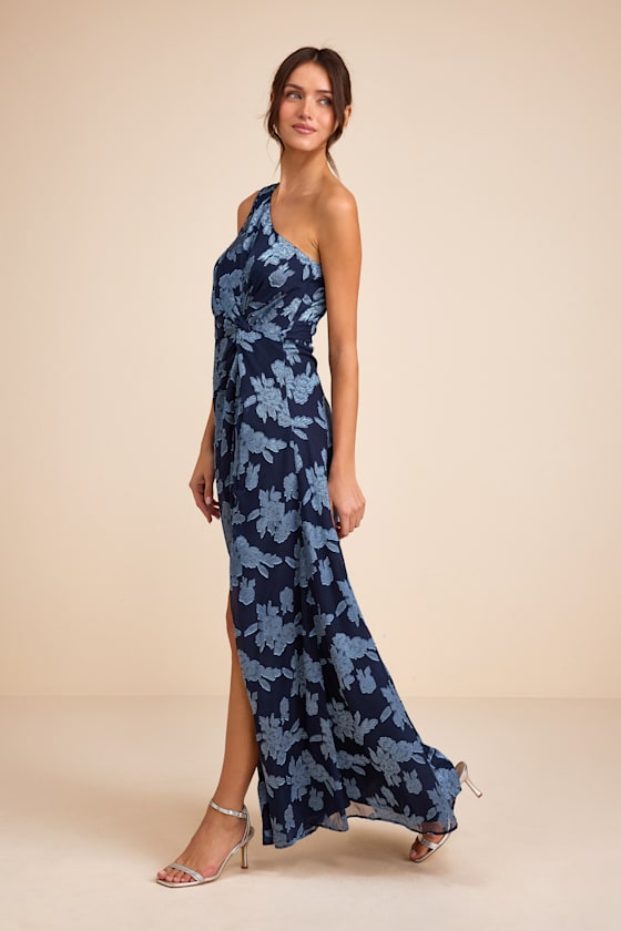 Navy Blue Maxi Dress - One-Shoulder Gown - Floral Jacquard Dress