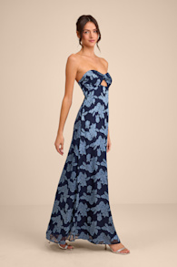 Danae Navy Blue Floral Jacquard Strapless Maxi Dress 4