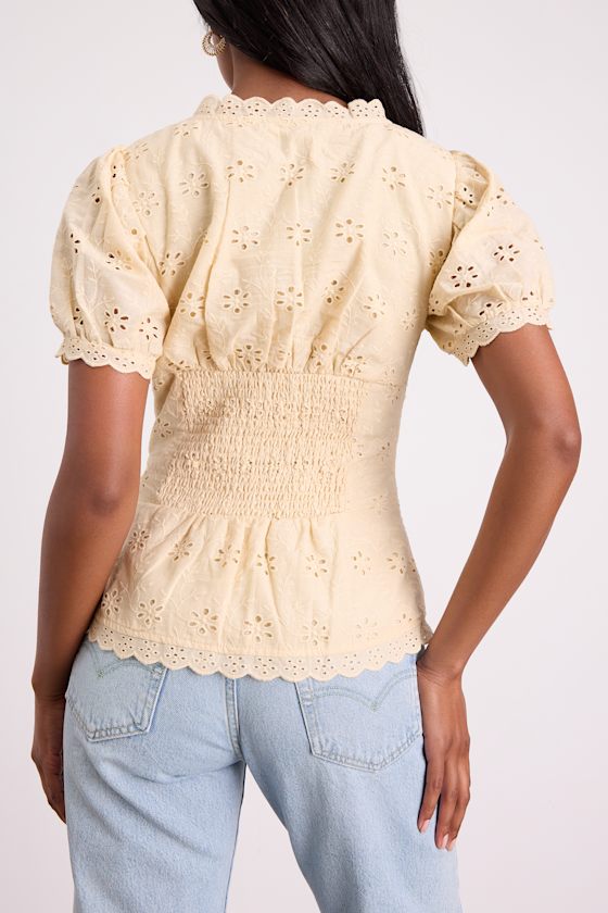 Beige Eyelet Embroidered Top - Puff Sleeve Top - Peplum Top - Lulus