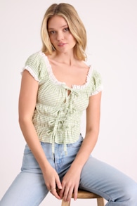 Tira Light Green and White Gingham Tie-Front Top 1