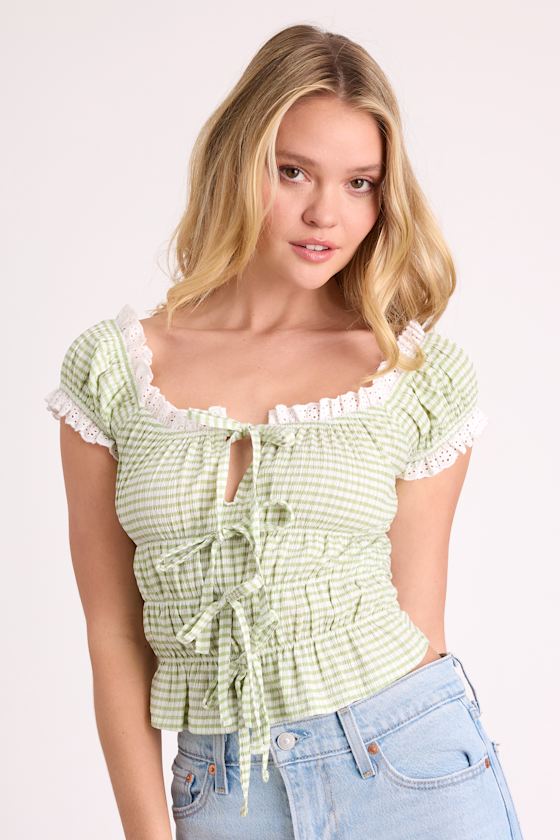 Tira Light Green and White Gingham Tie-Front Top 2
