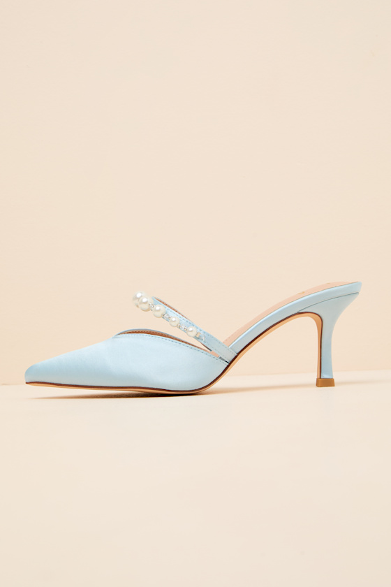 Light Blue Satin Mules - Pearl Mule Pumps - Slide-On Mule Pumps - Image 2
