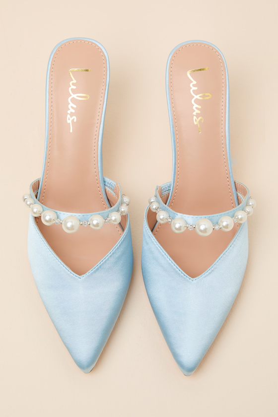 Light Blue Satin Mules - Pearl Mule Pumps - Slide-On Mule Pumps - Image 4