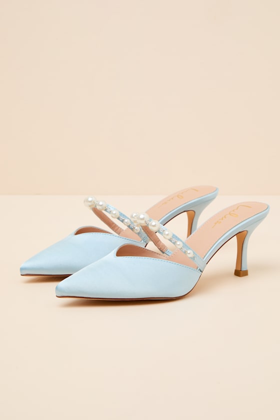 Light Blue Satin Mules - Pearl Mule Pumps - Slide-On Mule Pumps - Image 5