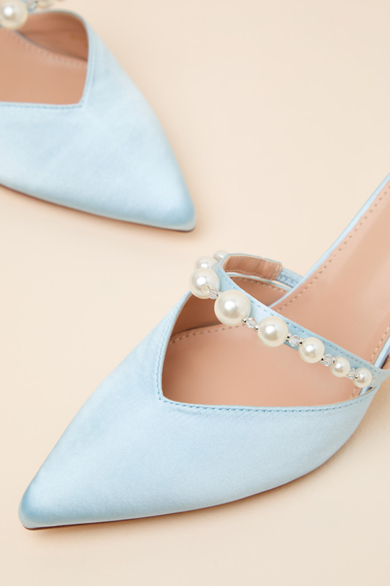 Light Blue Satin Mules - Pearl Mule Pumps - Slide-On Mule Pumps - Image 6