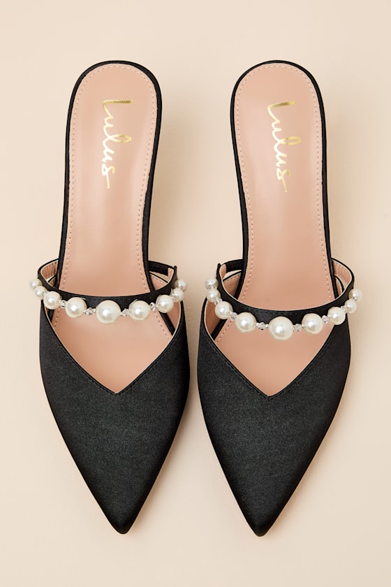 Black Satin Mules - Pearl Mule Pumps - Slide-On Mule Pumps - Image 4