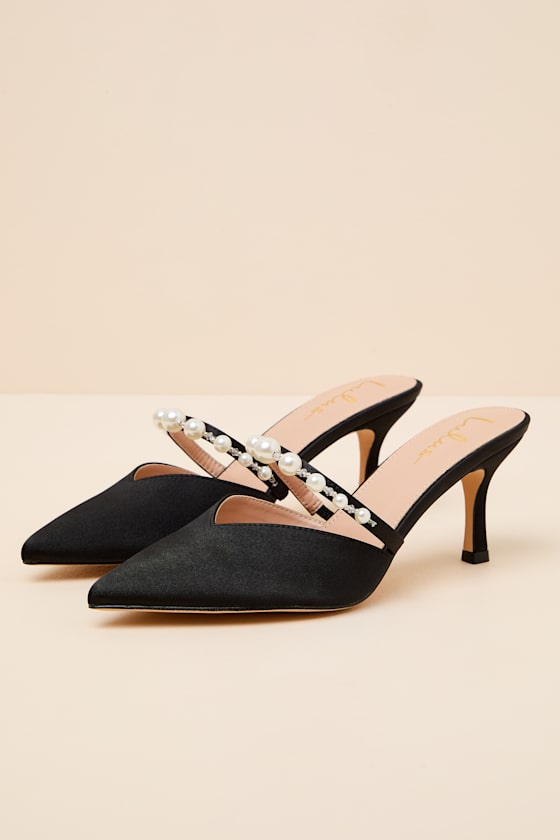 Black Satin Mules - Pearl Mule Pumps - Slide-On Mule Pumps - Image 5