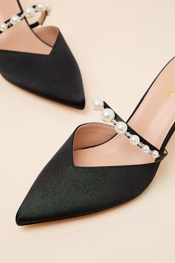 Black Satin Mules - Pearl Mule Pumps - Slide-On Mule Pumps - Image 6