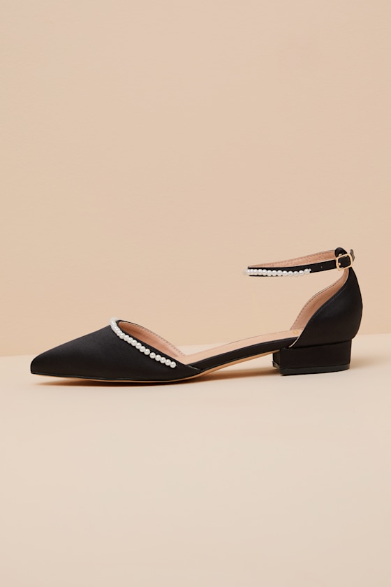 Black Satin Flats - Black Ankle Strap Flats - Pearl Satin Shoes - Image 2