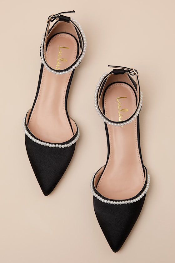 Black Satin Flats - Black Ankle Strap Flats - Pearl Satin Shoes - Image 4