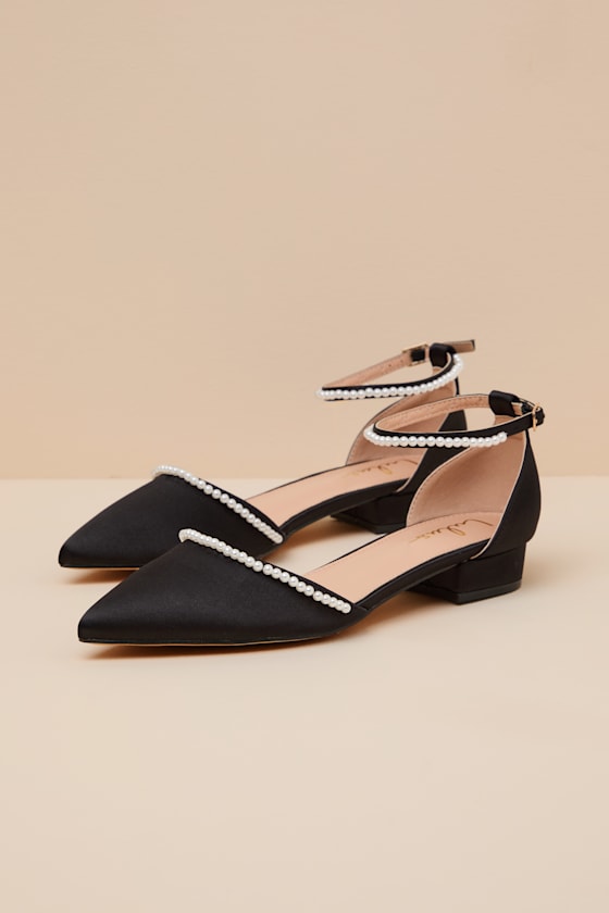 Black Satin Flats - Black Ankle Strap Flats - Pearl Satin Shoes - Image 5