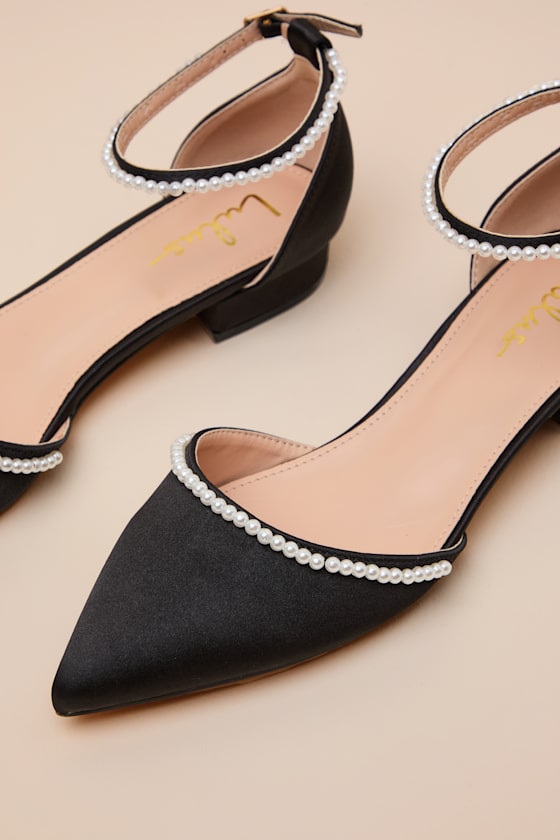 Black Satin Flats - Black Ankle Strap Flats - Pearl Satin Shoes - Image 6
