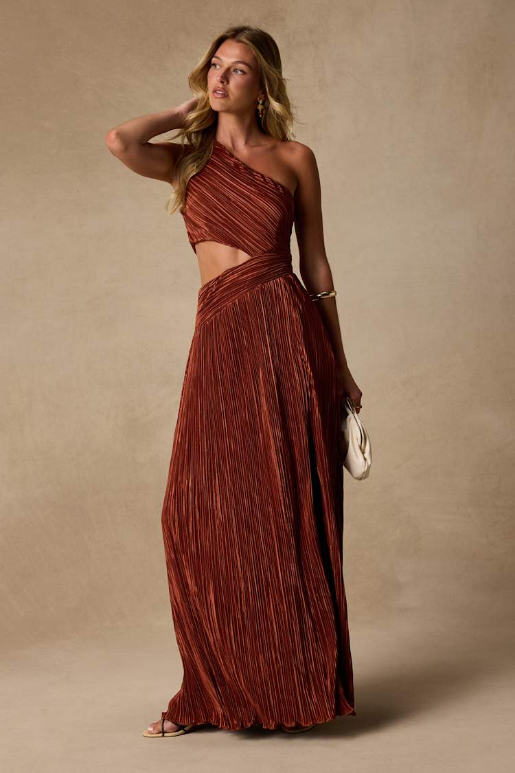 plisse pleated dress Lulus | Orange Rocca Rust Plisse Pleated Cutout One-Shoulder Maxi Dress | Womens | X-Small (Available in S, M, L, XL)