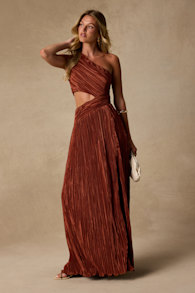 Rocca Rust Plisse Pleated Cutout One-Shoulder Maxi Dress 2