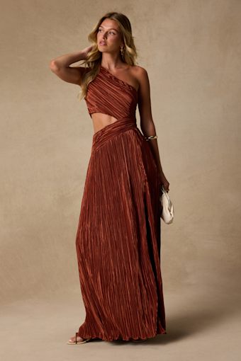 Rocca Rust Plisse Pleated Cutout One-Shoulder Maxi Dress 2
