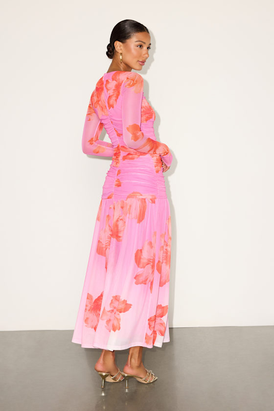Alexius Pink Floral Mesh Cutout Long Sleeve Maxi Dress 3