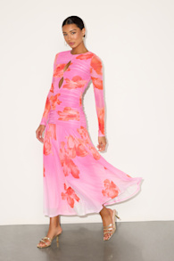 Alexius Pink Floral Mesh Cutout Long Sleeve Maxi Dress 4