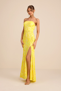 Shimmering Icon Yellow Sequin Lace-Up Strapless Maxi Dress 1