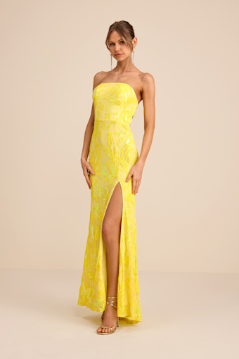 Shimmering Icon Yellow Sequin Lace-Up Strapless Maxi Dress 1