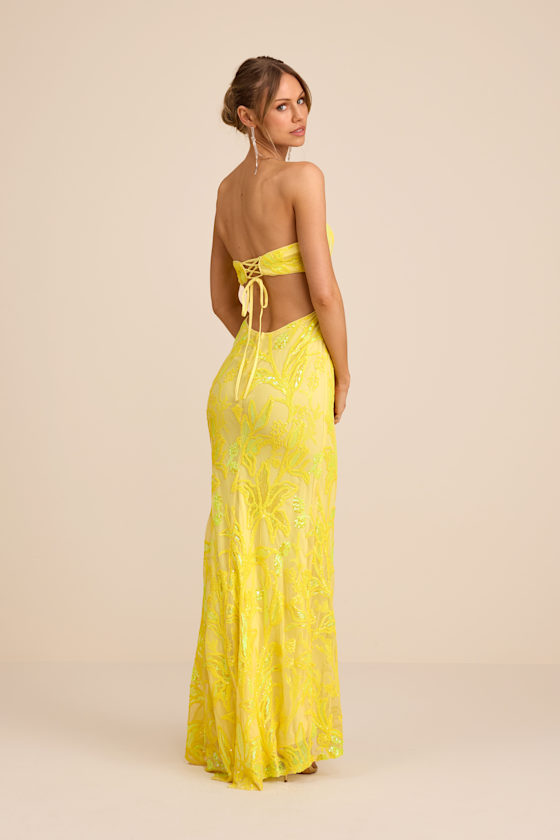 Shimmering Icon Yellow Sequin Lace-Up Strapless Maxi Dress - thumbnail 3