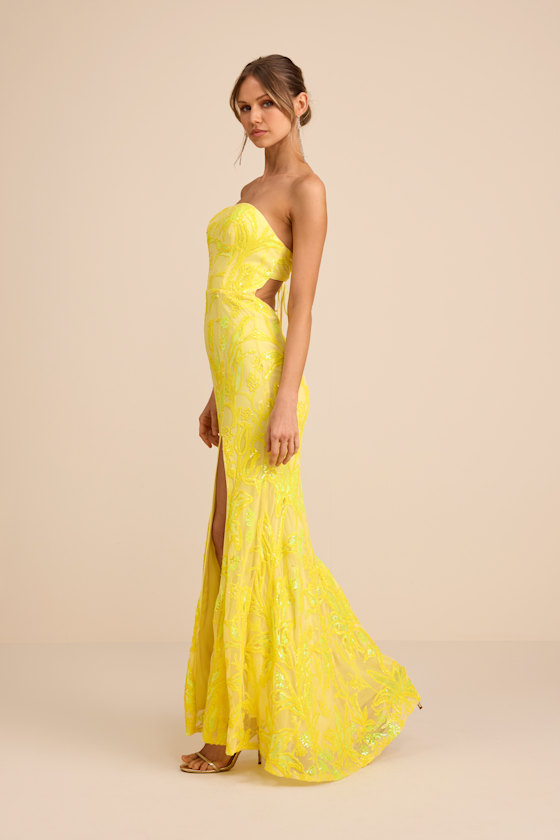Shimmering Icon Yellow Sequin Lace-Up Strapless Maxi Dress - thumbnail 4