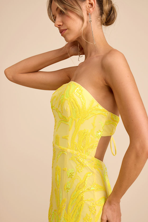 Shimmering Icon Yellow Sequin Lace-Up Strapless Maxi Dress - thumbnail 5