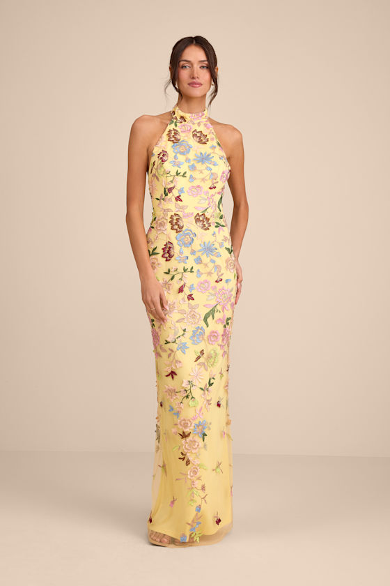 Infinite Praise Yellow 3D Floral Embroidered Halter Maxi Dress 1