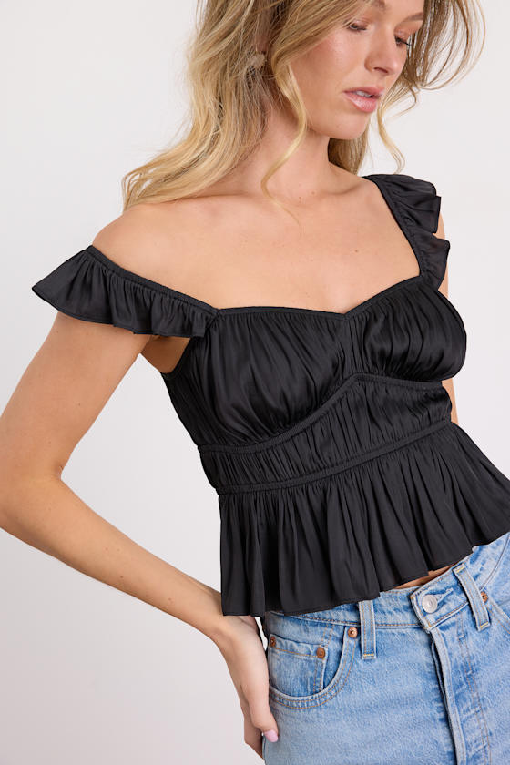 トップス SATIN COMBINATION PEPLUM TANK TOP Black Ruched Satin Top - Peplum Tank Top - Peplum Top - Lulus