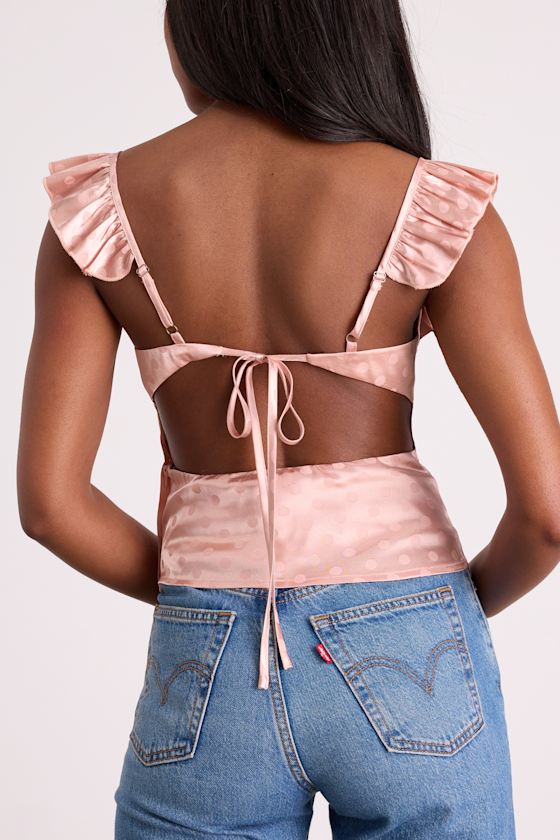 Vivi Light Pink Polka Dot Satin Ruffled Tie-Back Top 2