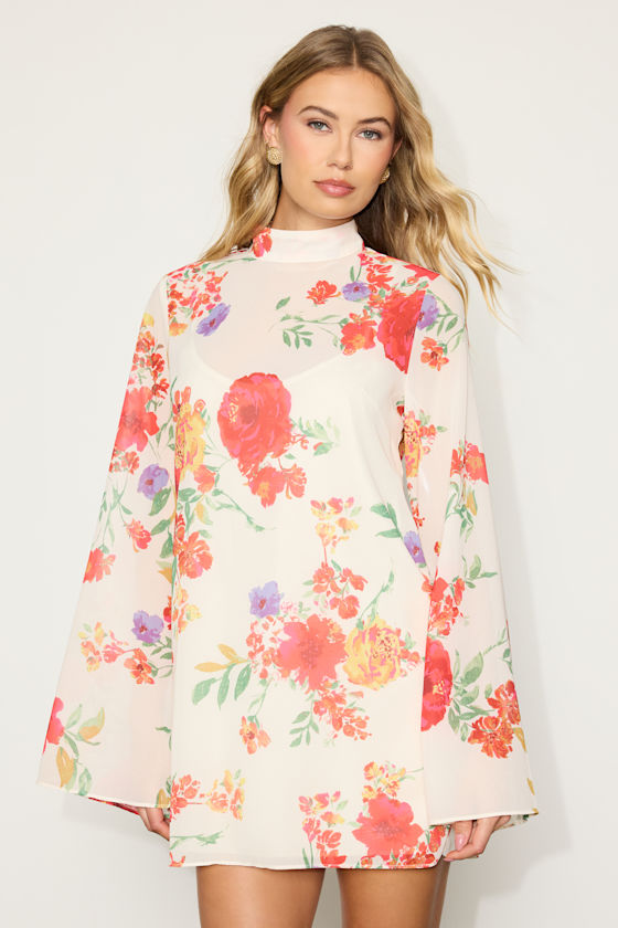 Perfected Charm Ivory Multi Floral Bell Sleeve Mini Shift Dress