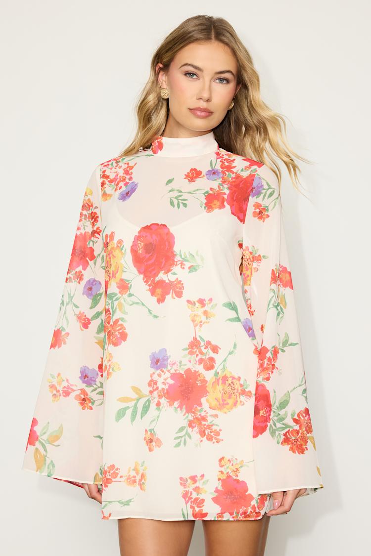 floral embroidered bell sleeve dress Amelie Long Sleeve Dress | Flore Blue Floral Silk Maxi main image 0